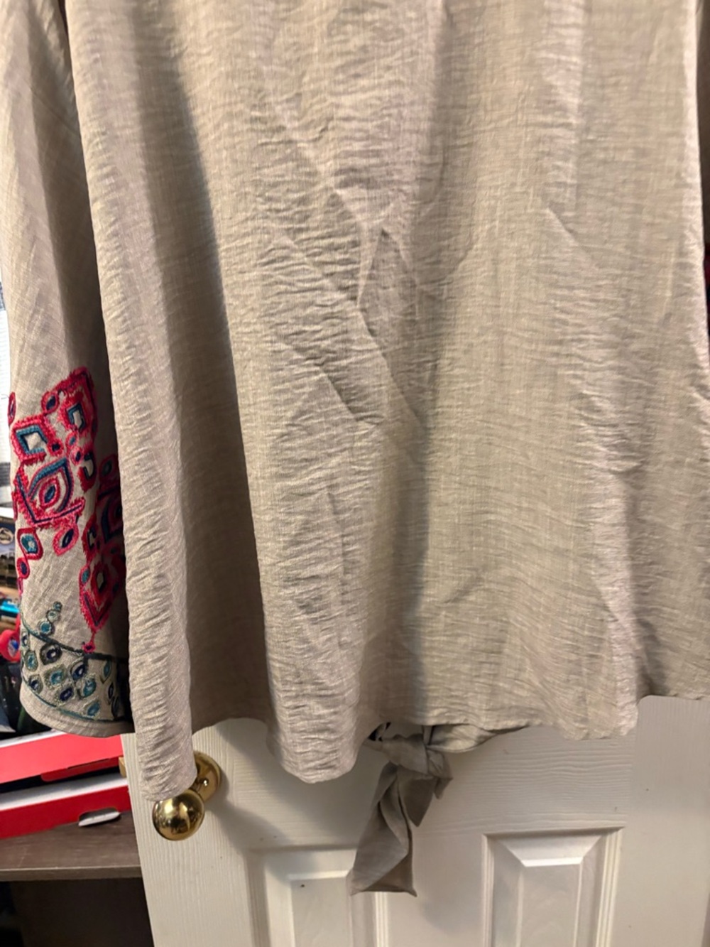 New Soft Olivia & Martin V-Neck Tie-Hem Embroidered Sleeve Top - Taupe - Picture 11 of 11